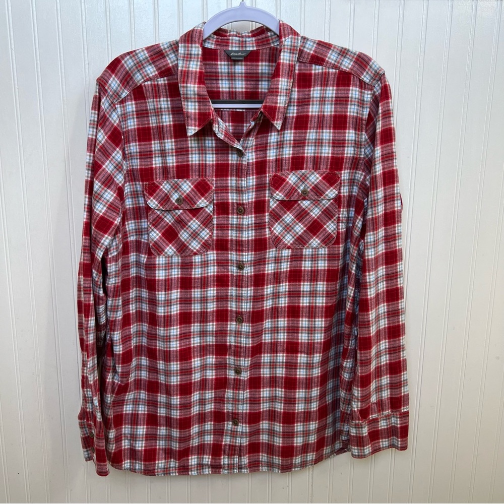 Eddie Bauer Red & White Plaid Long Sleeve Cotton Flannel Button Up Shirt 2XL